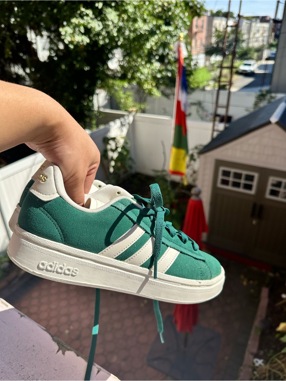 adidas Women's Teal Suede Platform Sneaker with White Stripes